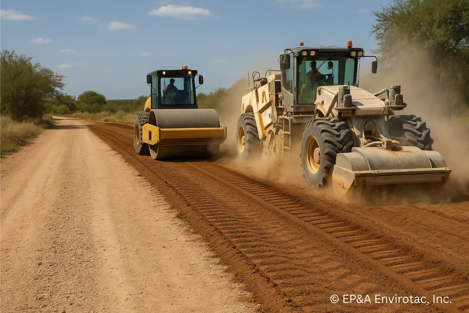 Motor grader and roller stabilizing a dusty, unpaved border road during soil compaction and maintenance work.