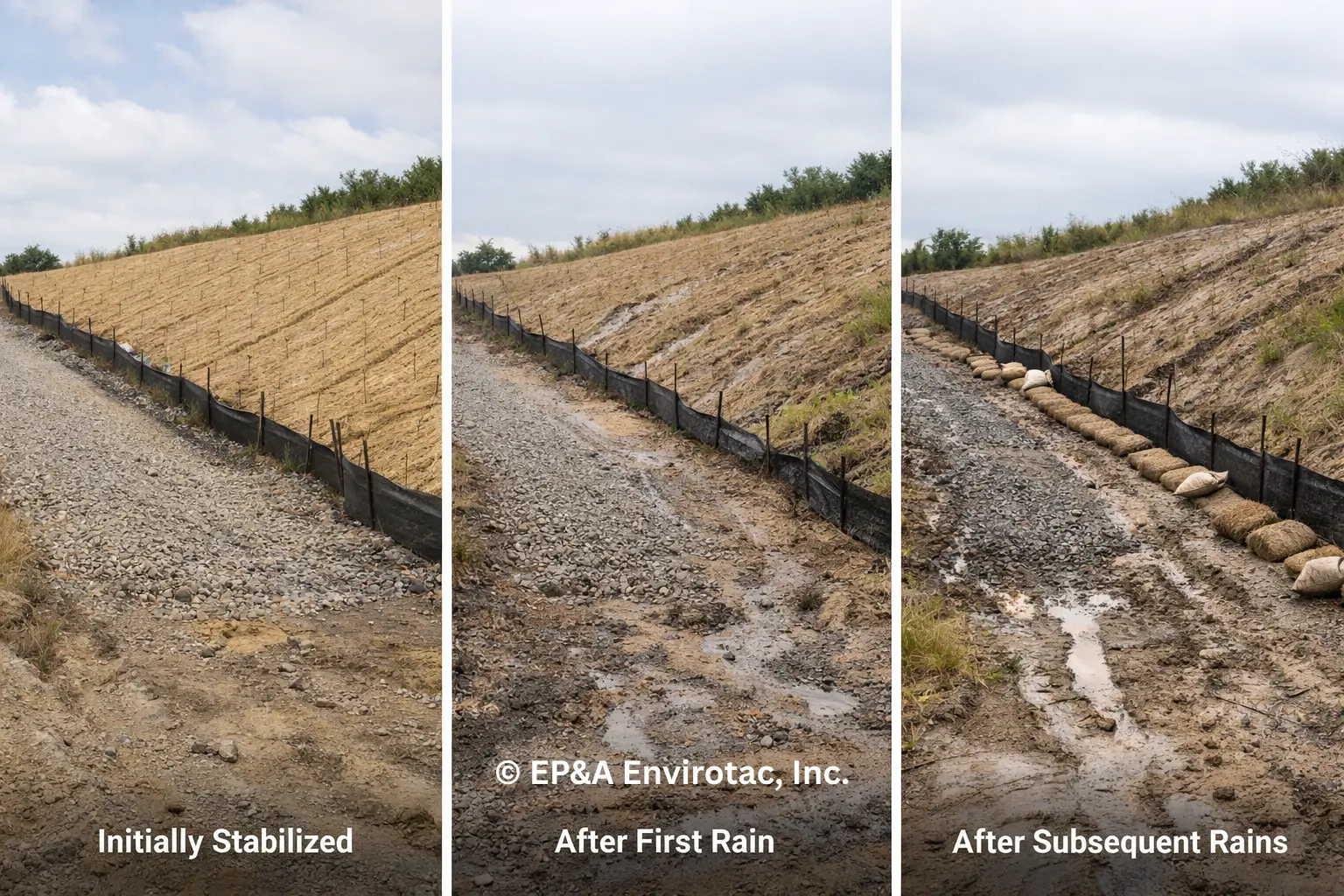 Construction site showing subtle soil and access degradation across repeated rainfall events without major erosion