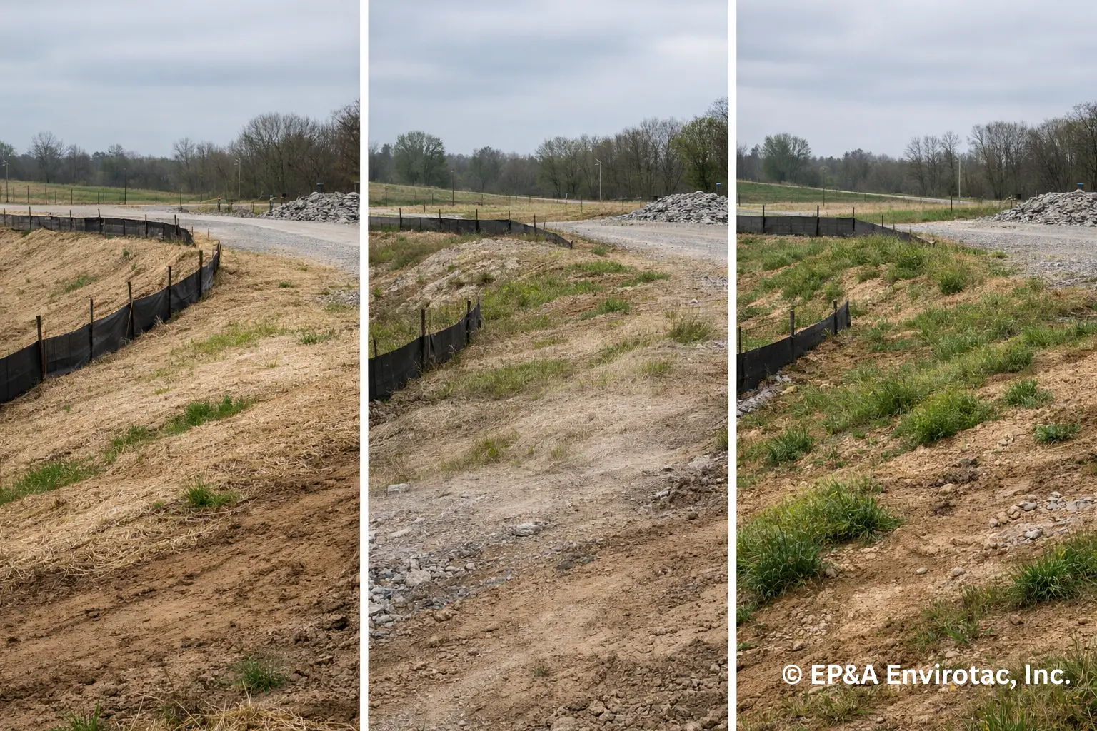 Erosion control site over time showing subtle dust return and uneven vegetation establishment.