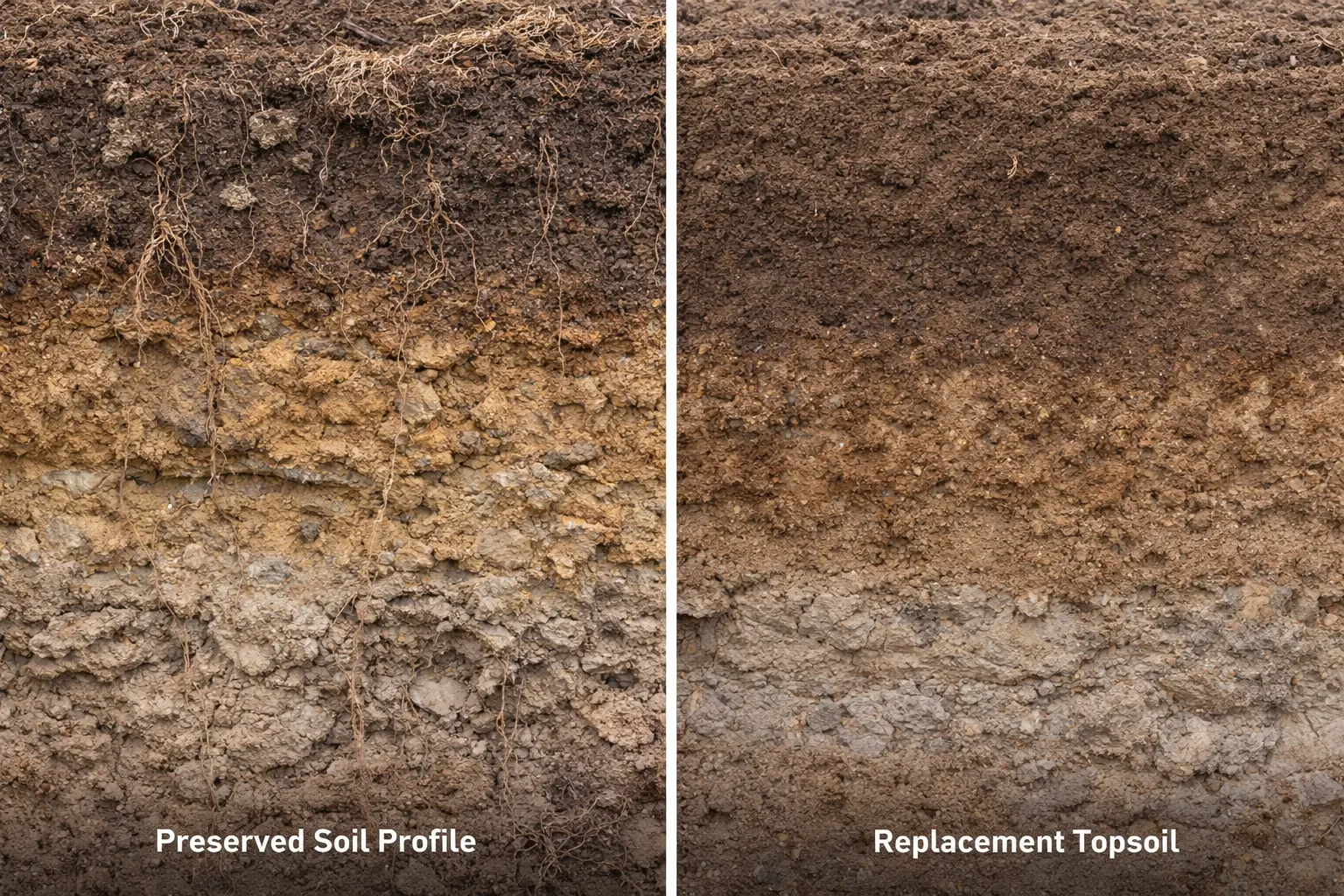 Comparison of preserved soil structure versus replacement topsoil showing differences in layering and root continuity