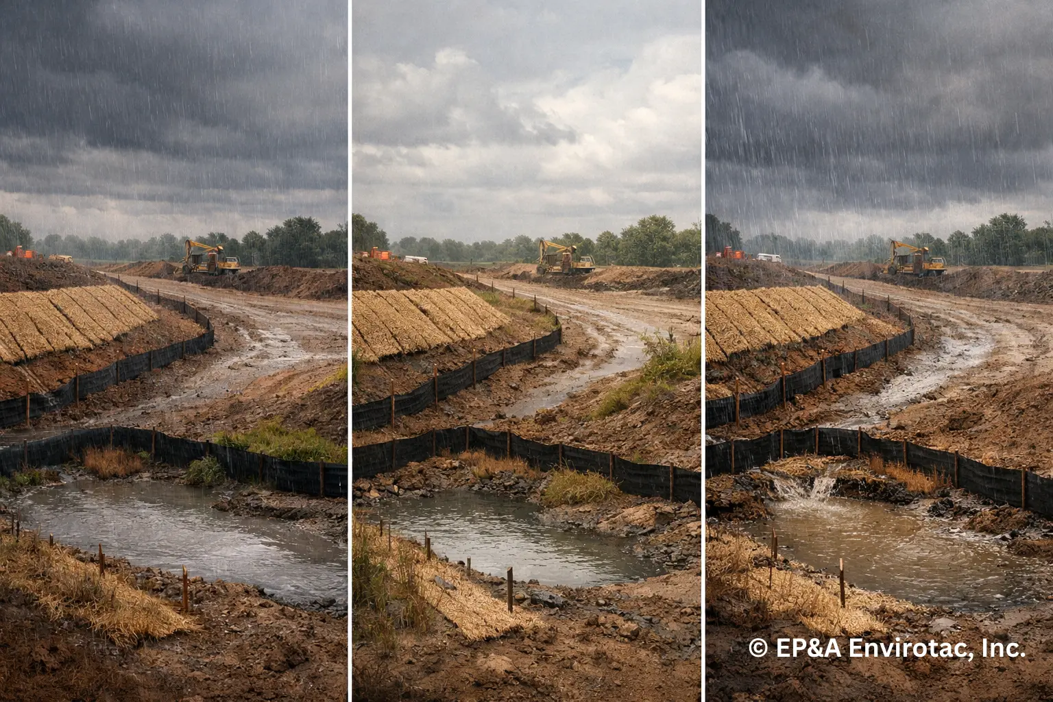 Repeated routine rain events gradually stress erosion control systems, revealing failure patterns over time