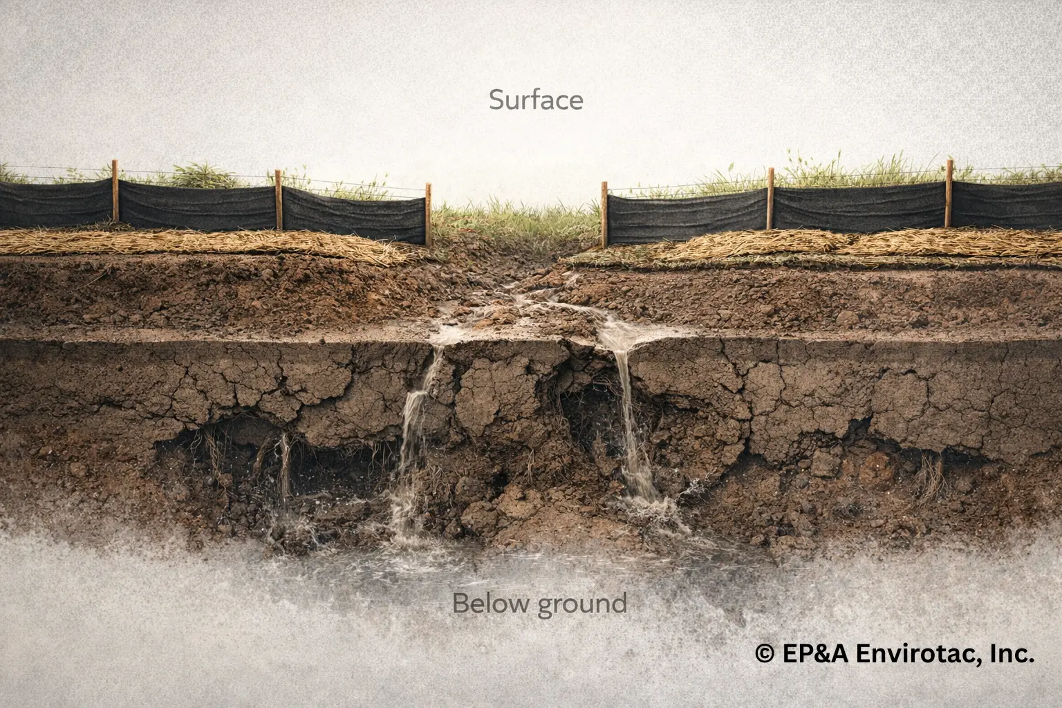 Stabilized ground surface contrasted with ongoing subsurface soil movement driven by water and disturbance