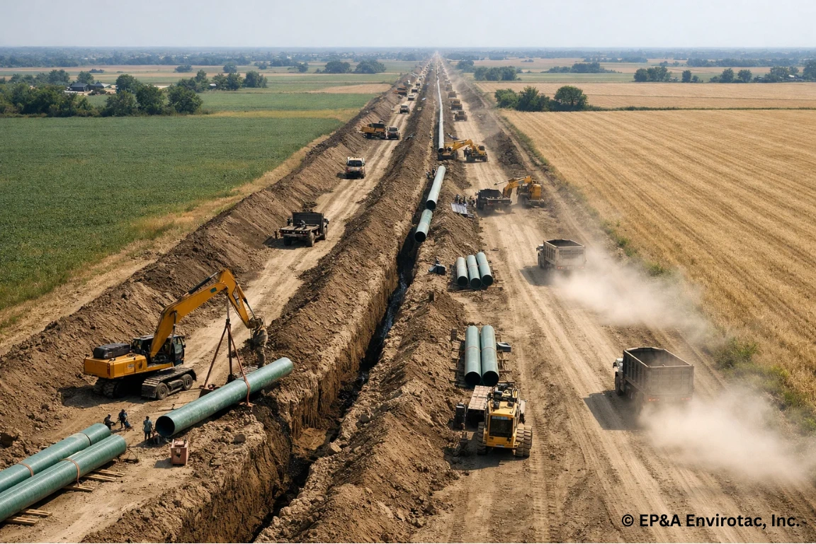 Dust exposure along the pipeline construction corridor with limited site access.