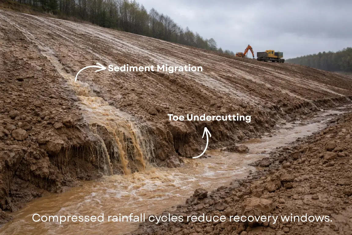 Post-rain runoff causing sediment migration and toe undercutting on a graded slope.