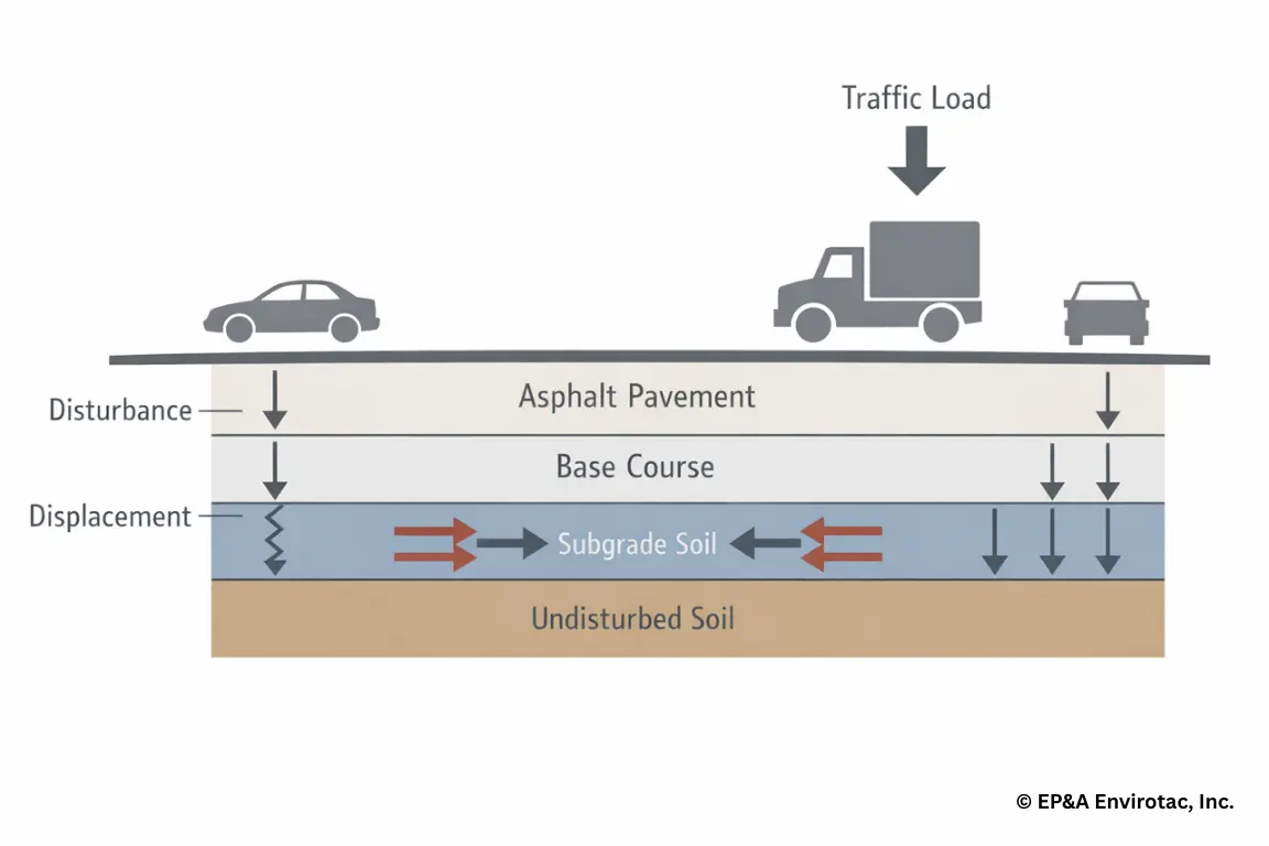 Diagram showing traffic load impact on pavement layers, base course, and subgrade affecting dust behavior.