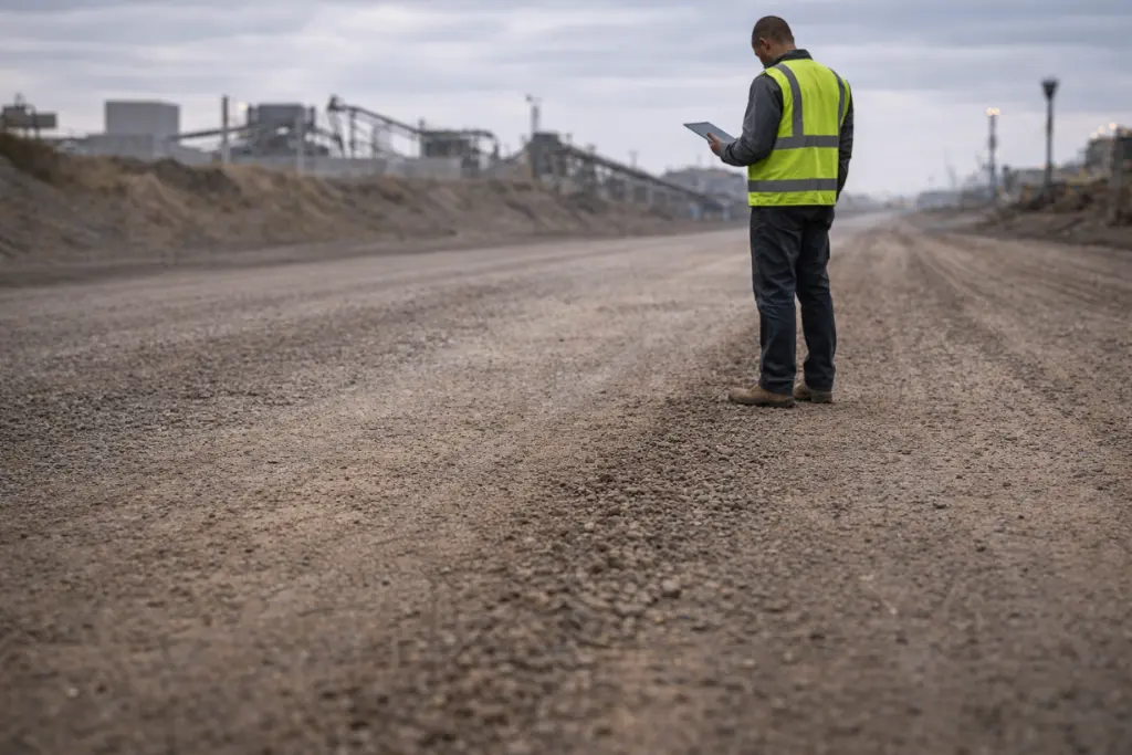 A field inspector evaluates the gravel road surface condition at the industrial site.