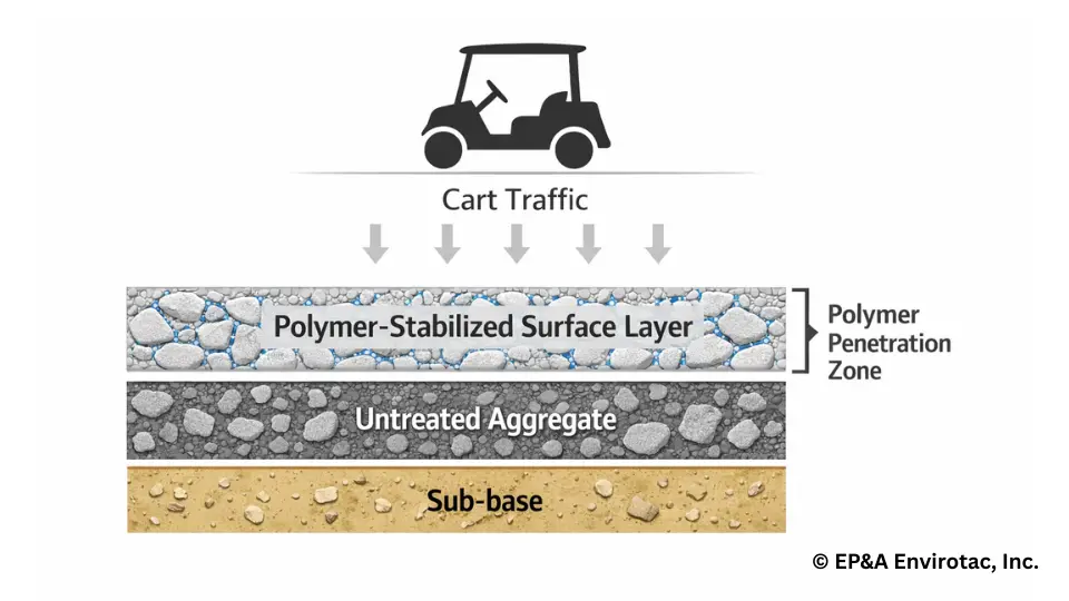 Polymer-stabilized aggregate surface layer diagram showing penetration zone and untreated base layer.