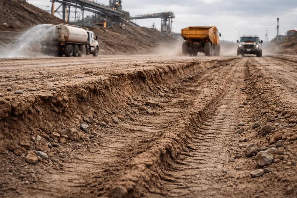Heavy trucks move through a moderately rutted gravel road with visible shear deformation.