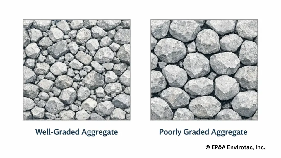 Well-graded versus poorly graded aggregate comparison showing dense particle matrix and void spaces.