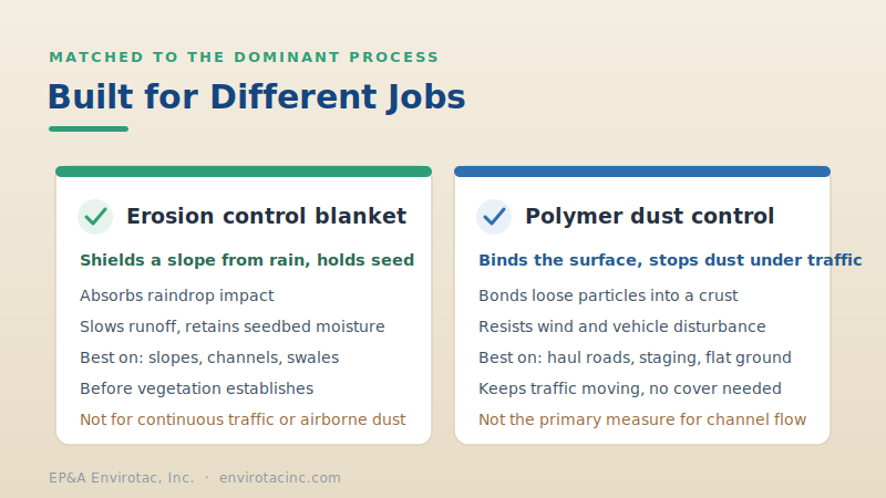 Blanket shields a slope from rain and holds seed while polymer binds a road surface against dust