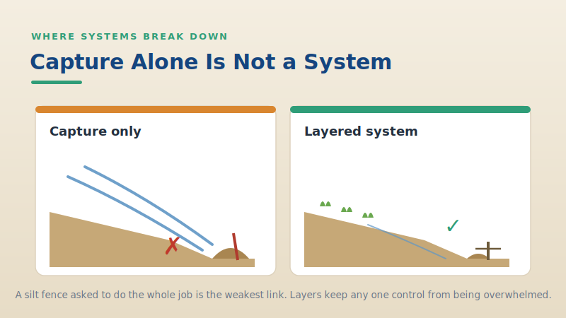 A single overwhelmed silt fence compared with a layered system that reduces load upstream