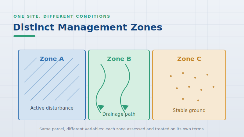 One parcel split into three management zones with different site conditions