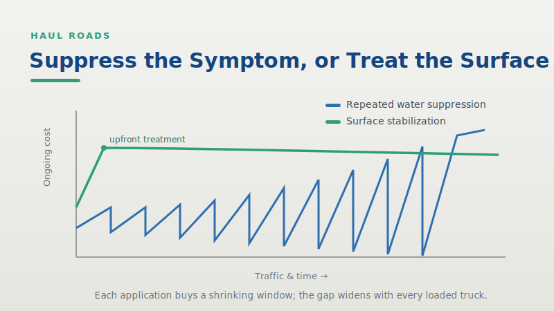 Chart comparing repeated water suppression against surface stabilization cost over time