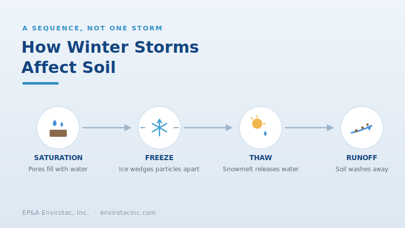 The winter soil damage sequence: saturation, freeze, thaw, and runoff