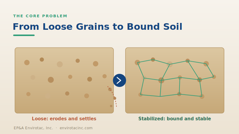 Loose scattered soil grains versus grains bound together after stabilization