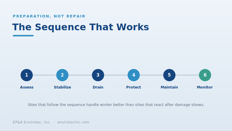 The winter prep sequence: assess, stabilize, drain, protect, maintain, monitor