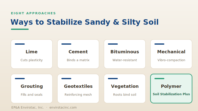 Eight techniques to stabilize sandy and silty soil, including polymer stabilization