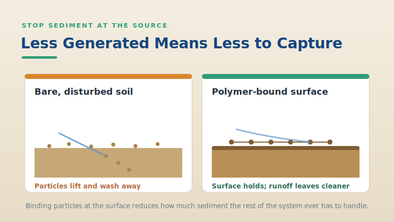Bare soil losing particles to runoff versus a polymer-bound surface that holds