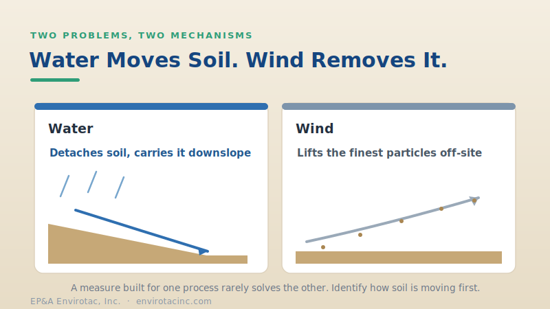 Water detaches and carries soil downslope while wind lifts fine particles off-site