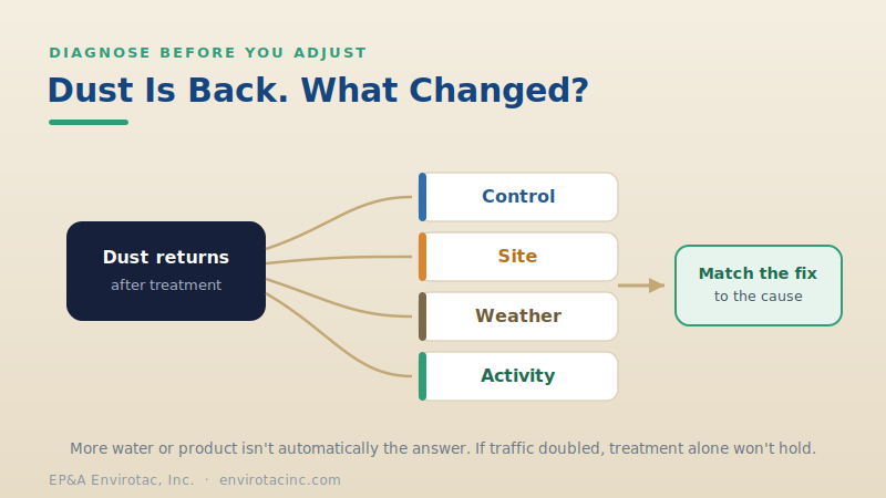 Diagnosing whether the control, site, weather, or activity changed before adjusting