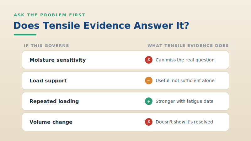 What governs performance, and whether tensile evidence answers it, for moisture, load, repeated loading, and volume change