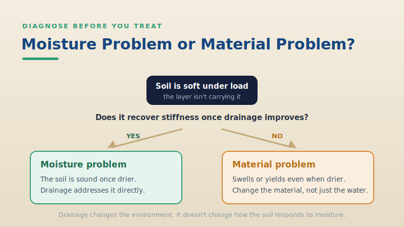 A decision fork: if the soil recovers stiffness when drained it is a moisture problem, if not it is a material problem