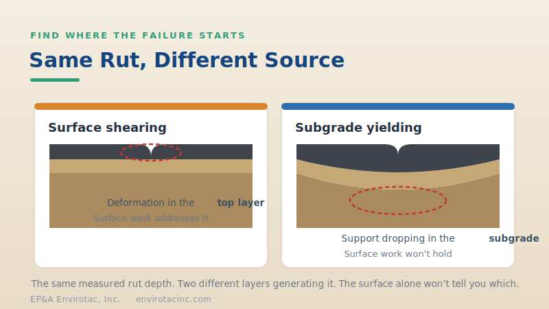 Two cross-sections with the same surface rut, one from surface shearing and one from subgrade yielding