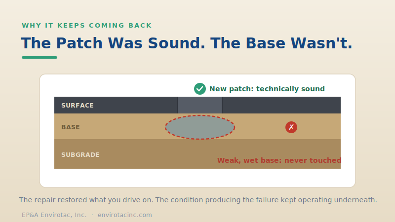 A pavement cross-section where the surface patch is sound but the weak, wet base was never touched