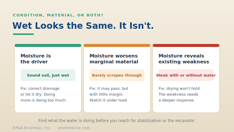 The same wet surface shown as three different moisture problems with three different fixes