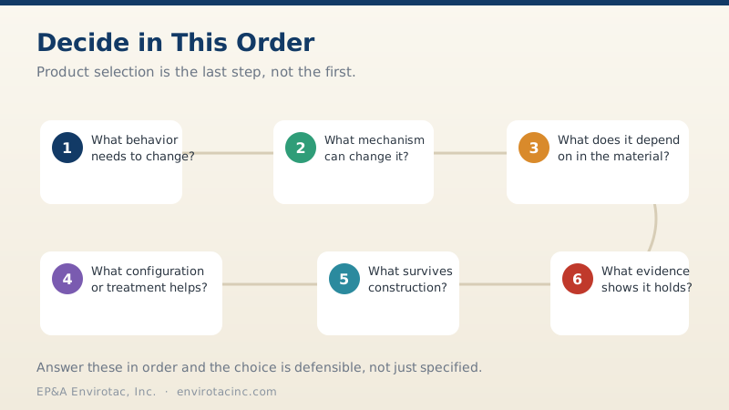 Decide in this order: what behavior needs to change, what mechanism can change it, what it depends on in the material, what configuration or treatment supports it, what survives construction, and what evidence shows it holds