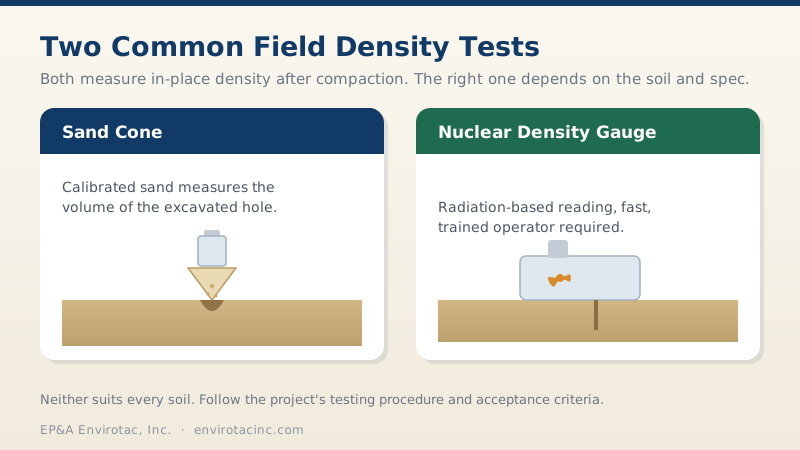 Two common field density tests: the sand cone test and the nuclear density gauge