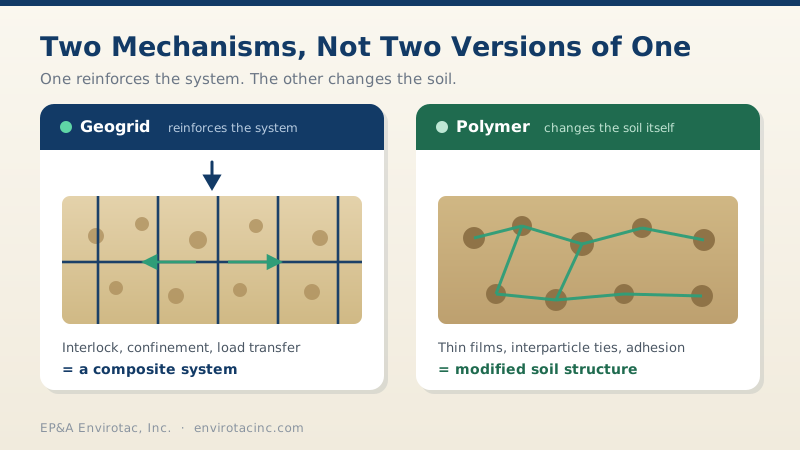 Two mechanisms: geogrid reinforces the soil-aggregate system through interlock, confinement, and load transfer, while polymer changes the soil itself through thin films, interparticle ties, and adhesion