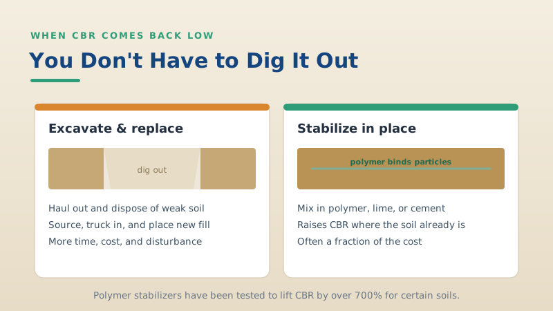 A low CBR does not always mean excavate and replace: stabilizing the soil in place is often the cheaper route