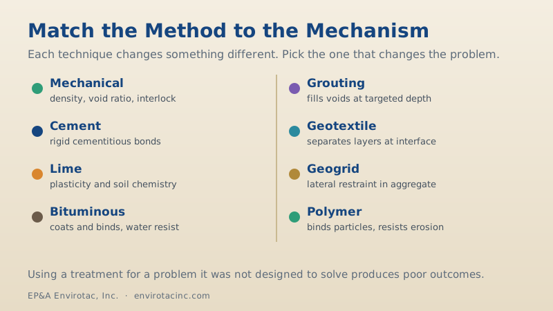 Soil stabilization methods matched to what each one changes: mechanical, cement, lime, bituminous, grouting, geotextile, geogrid, and polymer