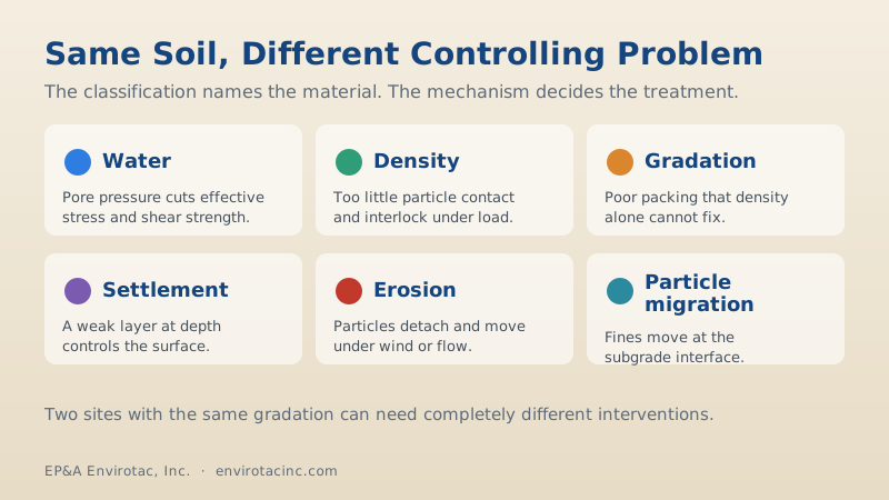 Six controlling mechanisms behind sandy and silty soil failure: water, density, gradation, settlement, erosion, and particle migration
