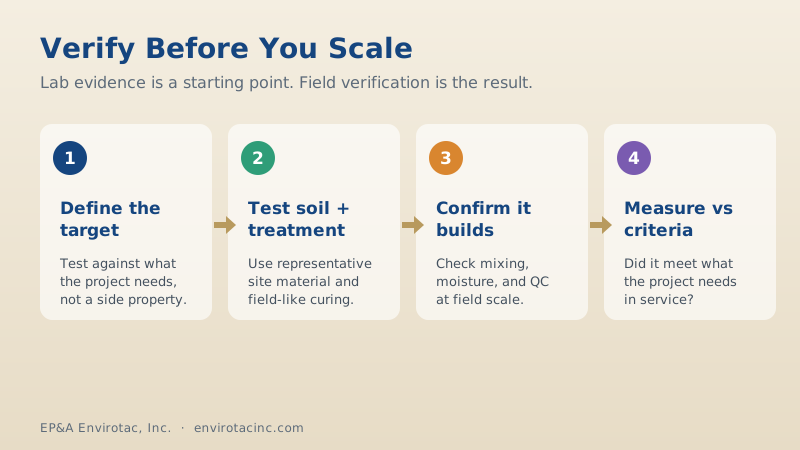Four steps to verify a soil treatment before scaling: define the target, test soil and treatment together, confirm field constructability, and measure against the criteria